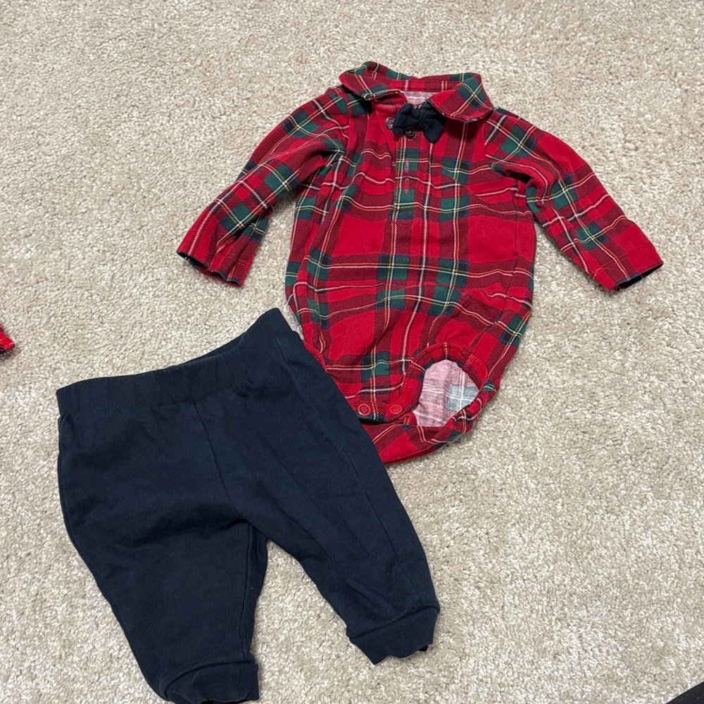 Red Plaid Baby Onesie with Navy Pants